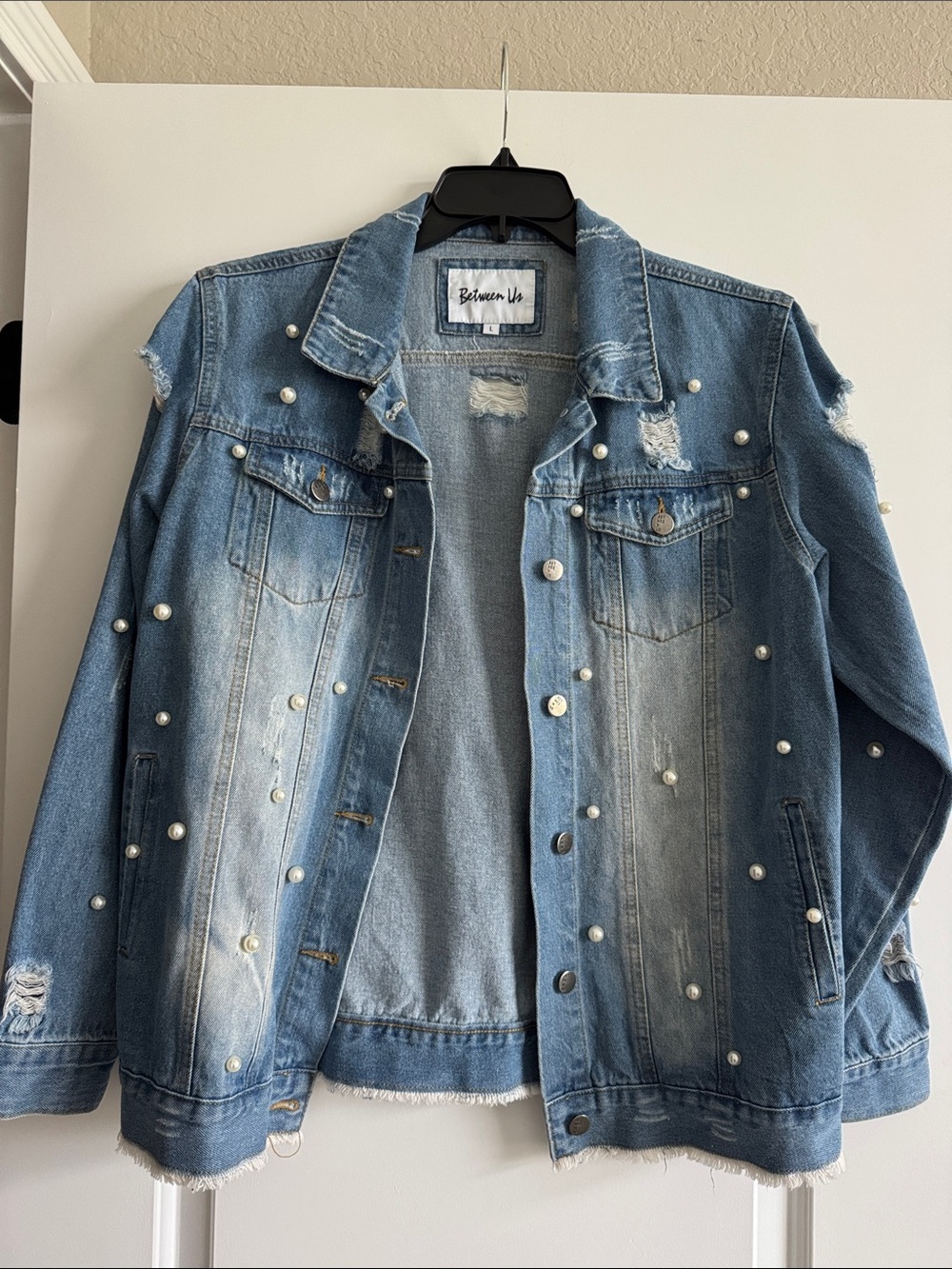 Between Us Blue Pearl-Embellished Distressed Denim Jacket